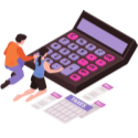Drawing of two people operating a huge calculator to calculate living expenses